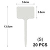 A white T-shaped plant marker with a rectangular top and a long stem, shown with dimensions.