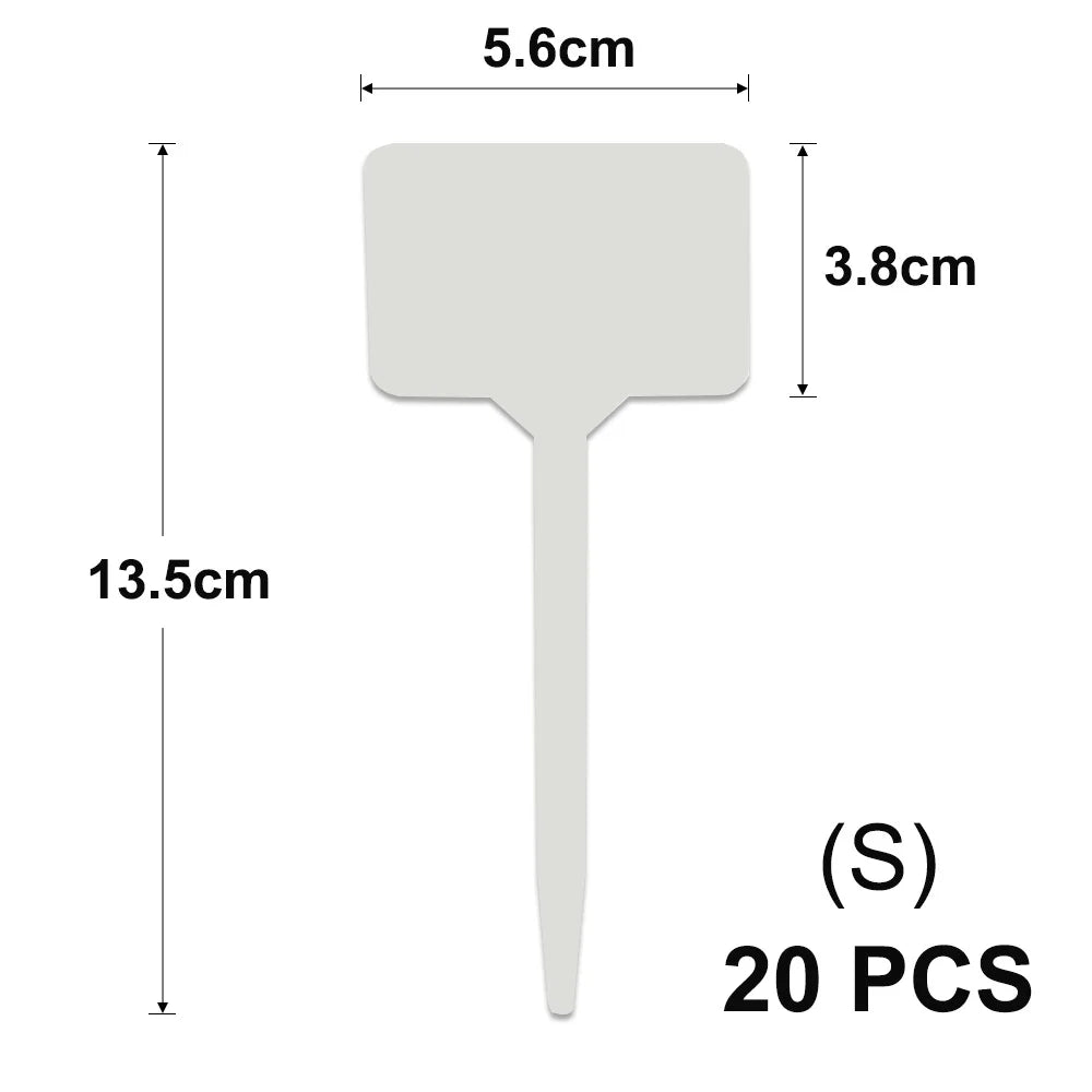A white T-shaped plant marker with a rectangular top and a long stem, shown with dimensions.