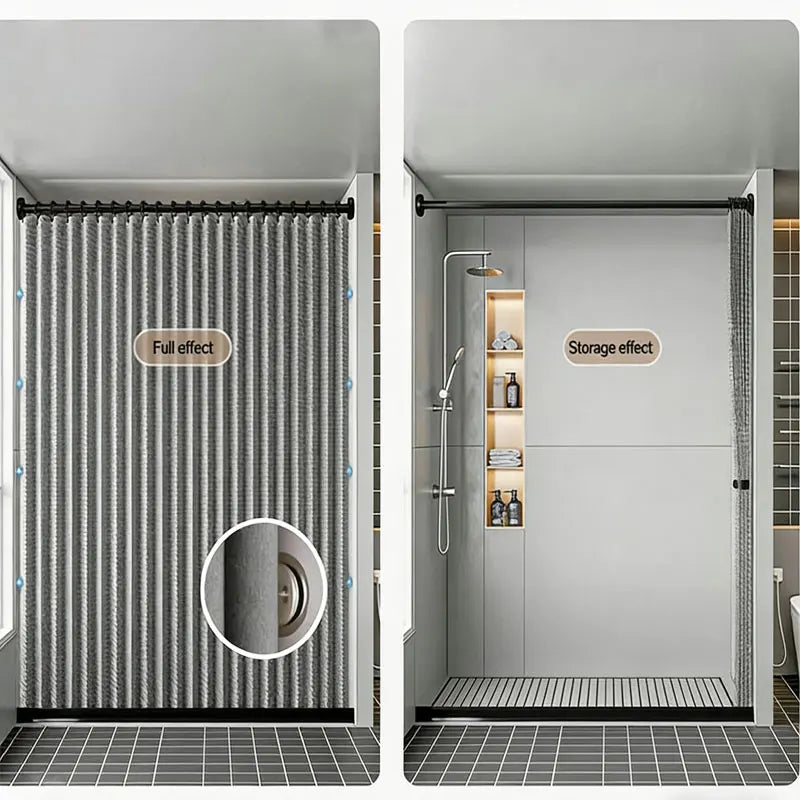 A modern shower featuring a magnetic curtain with a waffle texture, showing full effect and storage options.