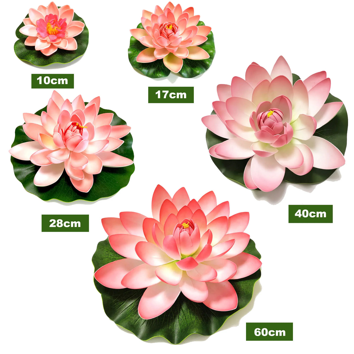 A collection of artificial lotus flowers in various sizes, ranging from 10cm to 60cm.