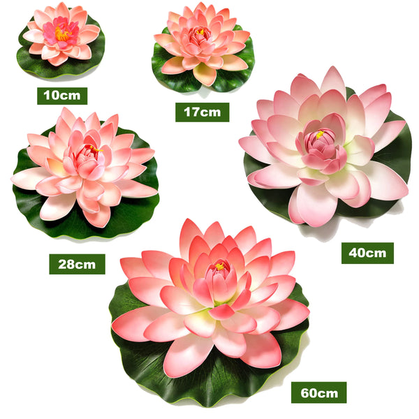 A collection of artificial lotus flowers in various sizes, ranging from 10cm to 60cm.