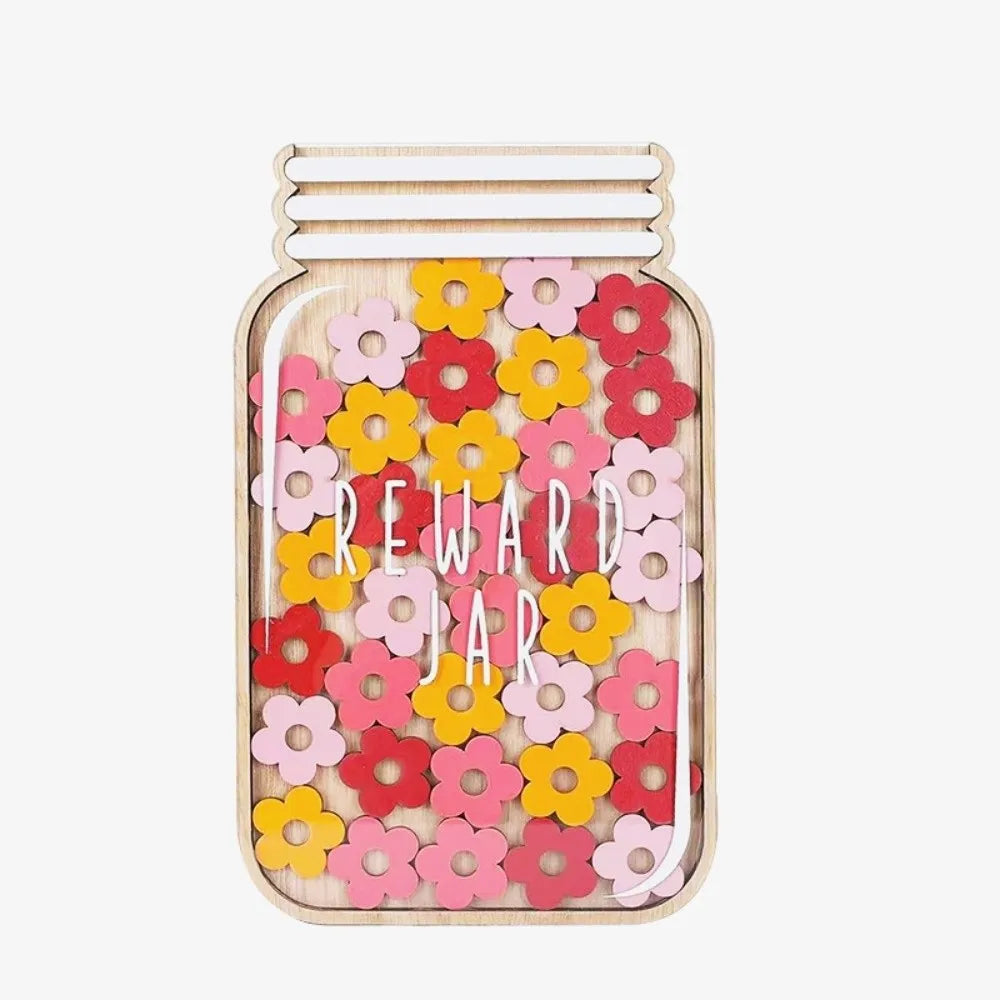 A wooden behavior reward jar with colorful, cutout flowers and a lid.