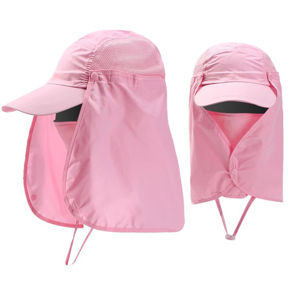 Pink UV protection fishing sun hat for men and women shown in a folded state
