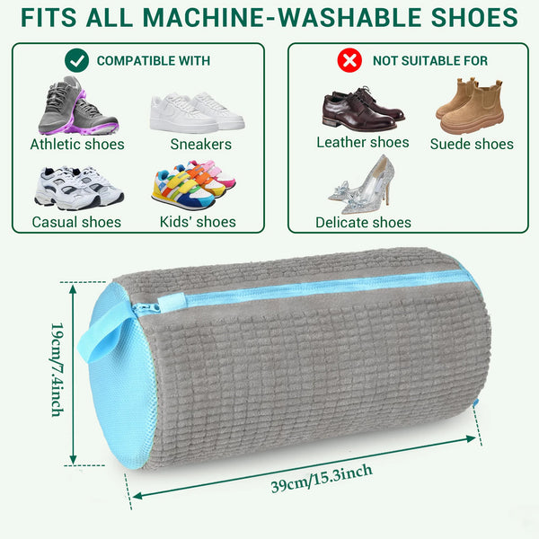 A gray reusable shoe washing bag with a blue zipper, shown next to various types of shoes.