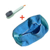 A blue fabric storage bag for shoes with a small cleaning brush and applicator tool.