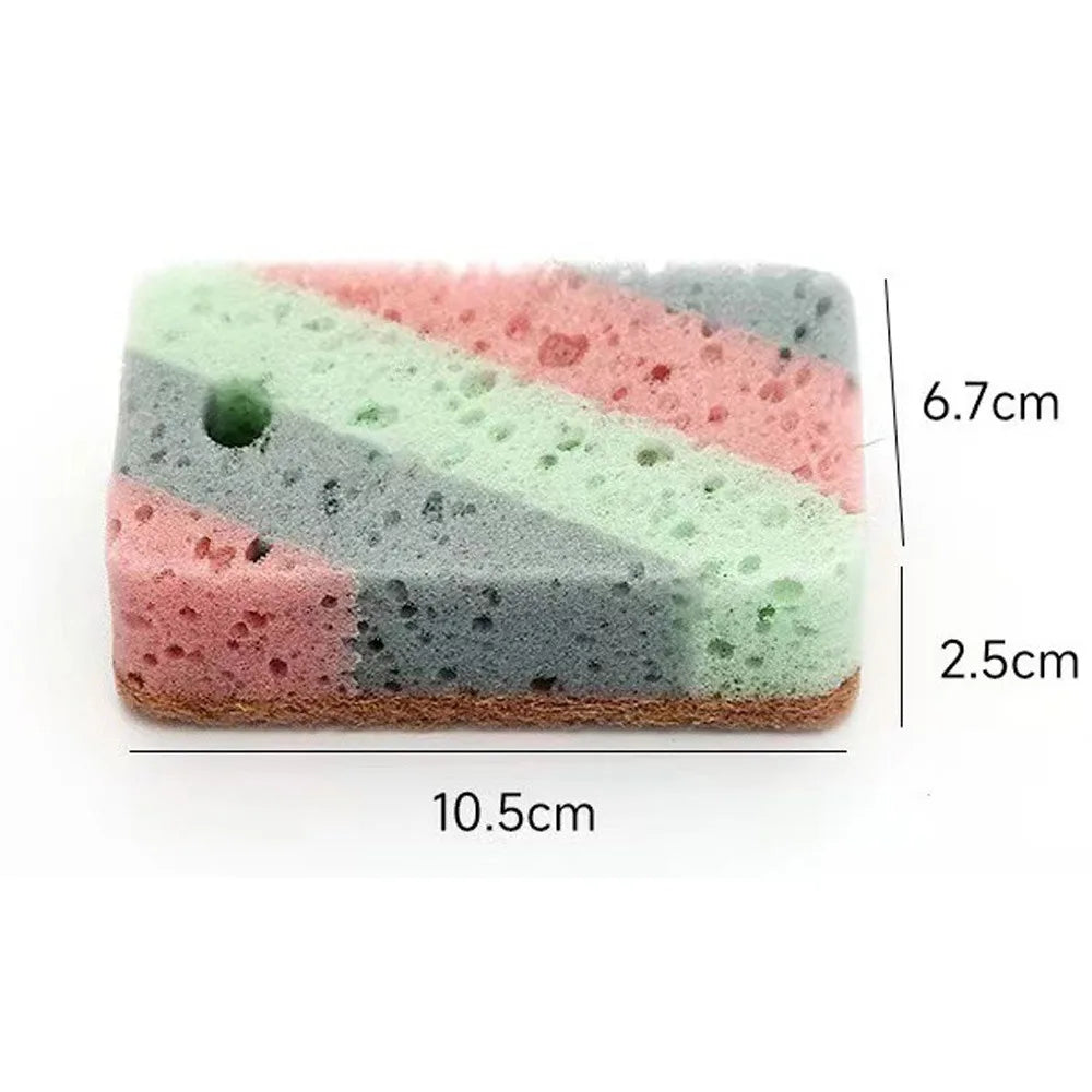 A rectangular block of multi-colored, eco-friendly cleaning sponge with pink, green, and gray stripes.