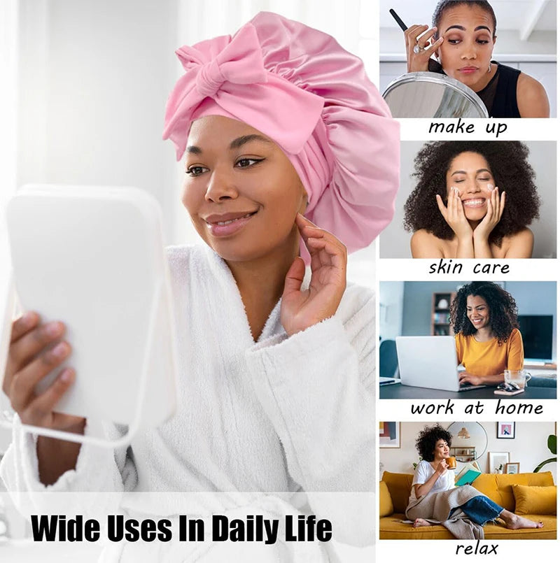 A woman wearing a pink satin sleeping cap is shown in a bathroom setting, demonstrating its use for daily life.