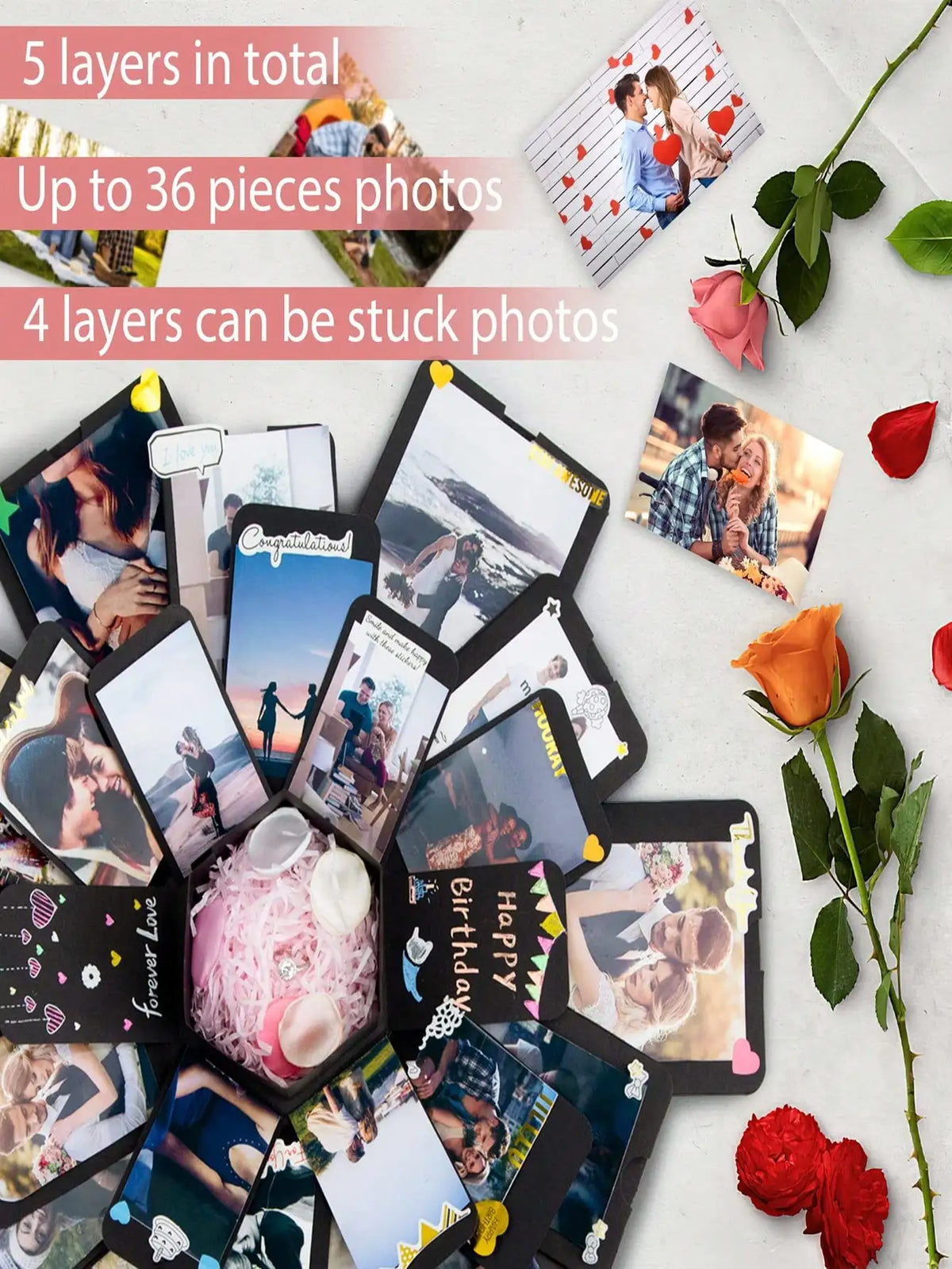 Sammlung geschichteter Fotoalben und Sticker, die 5 Schichten zeigen für DIY-Fotoalbumboxen für Erinnerungen