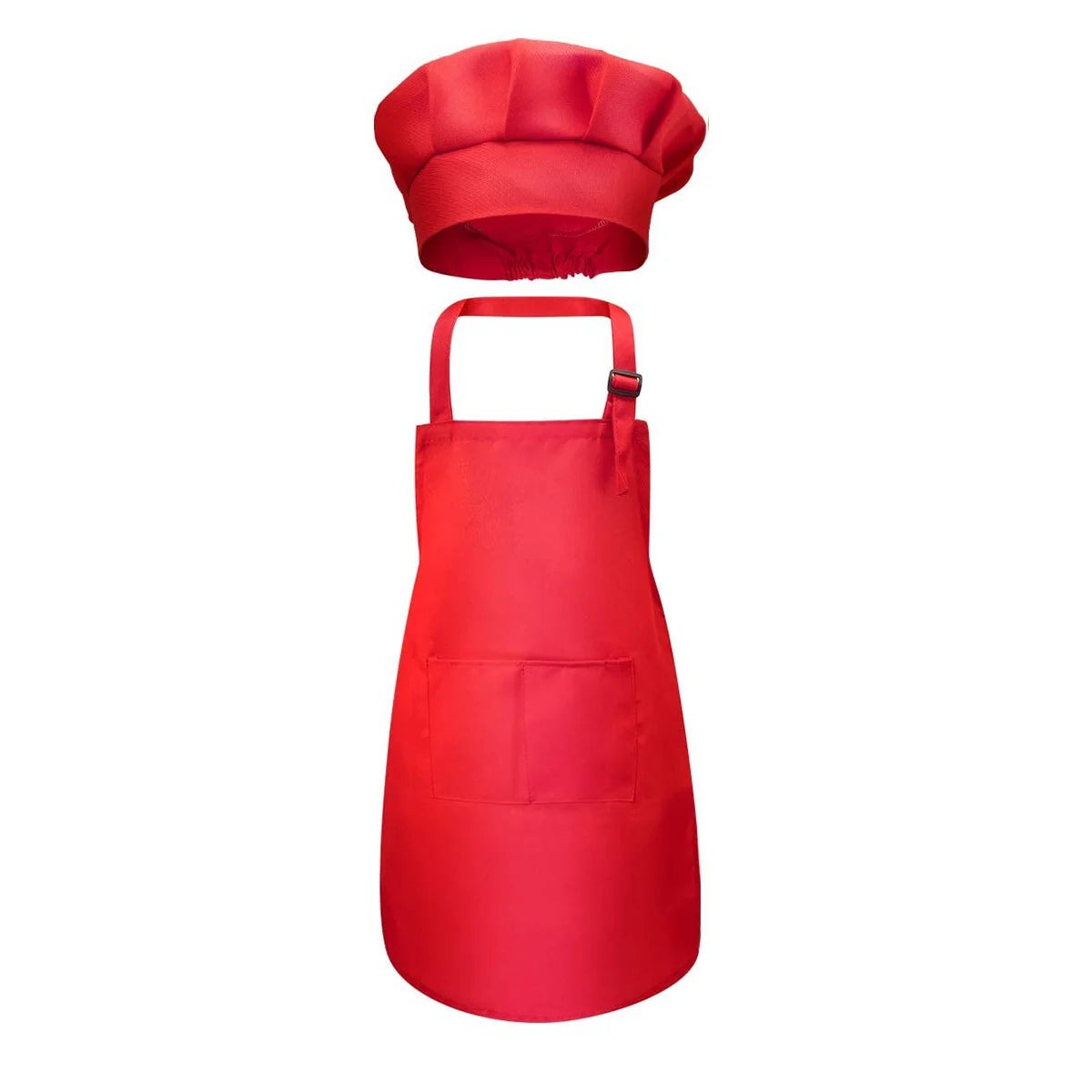 A bright red kids adjustable apron and chef hat set.