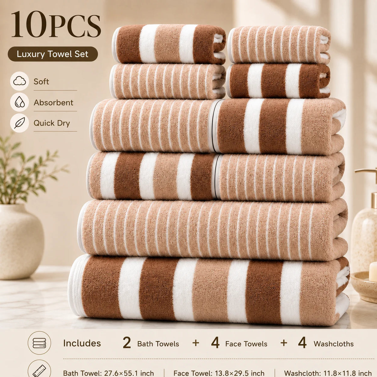 Una pila de 10 toallas de baño y cara de microfibra en rayas marrón y crema.