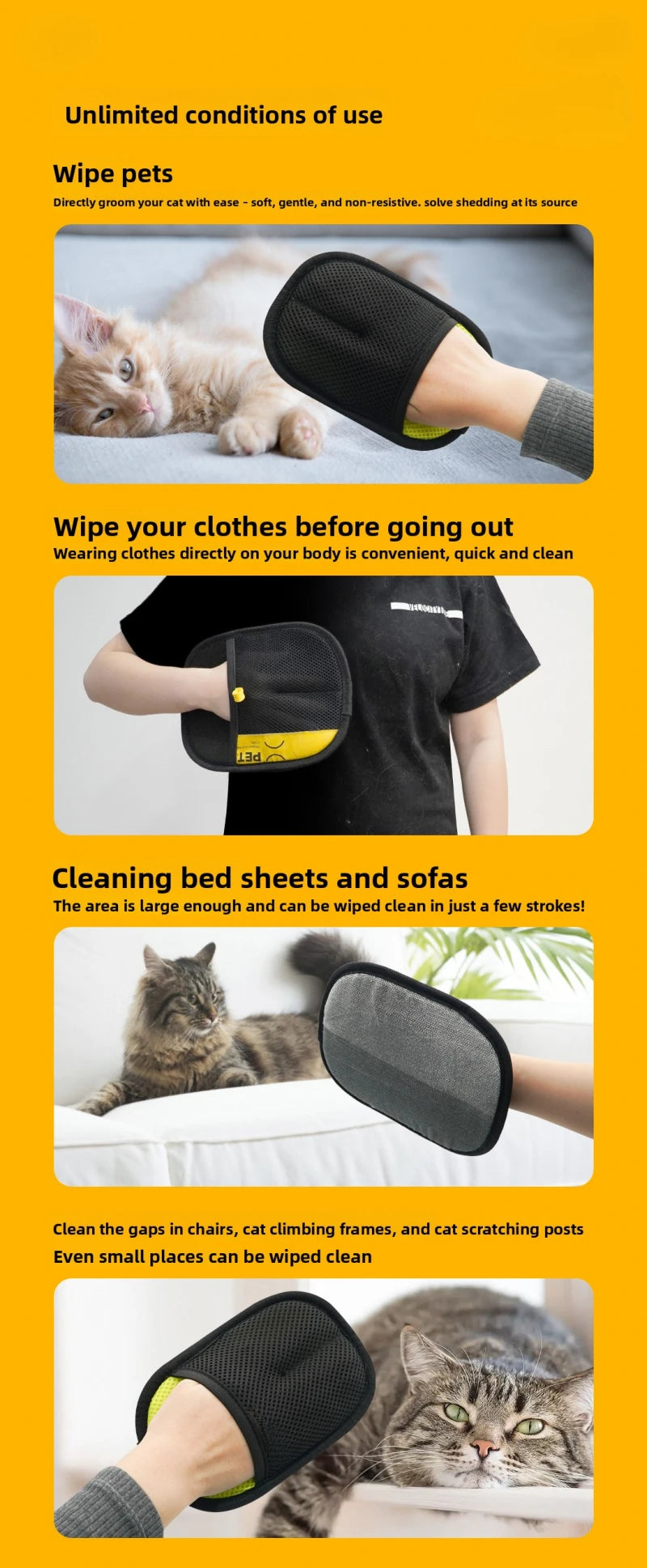 A hand wearing a black pet hair remover glove cleans cat fur from a cat.