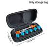 An open black storage bag containing multiple small orange and blue peptide storage tubes.