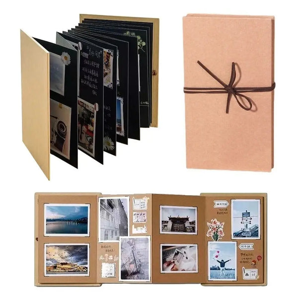 A set of accordion folding photo albums in black and beige tones, including a closed album and an open display.
