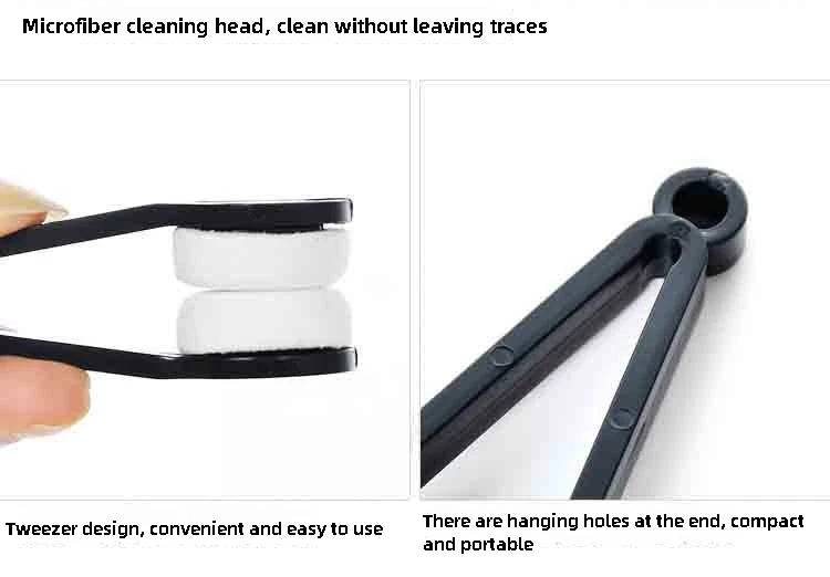 A black microfiber cleaning head with white pads shown in a tweezers design for eyeglass cleaning.