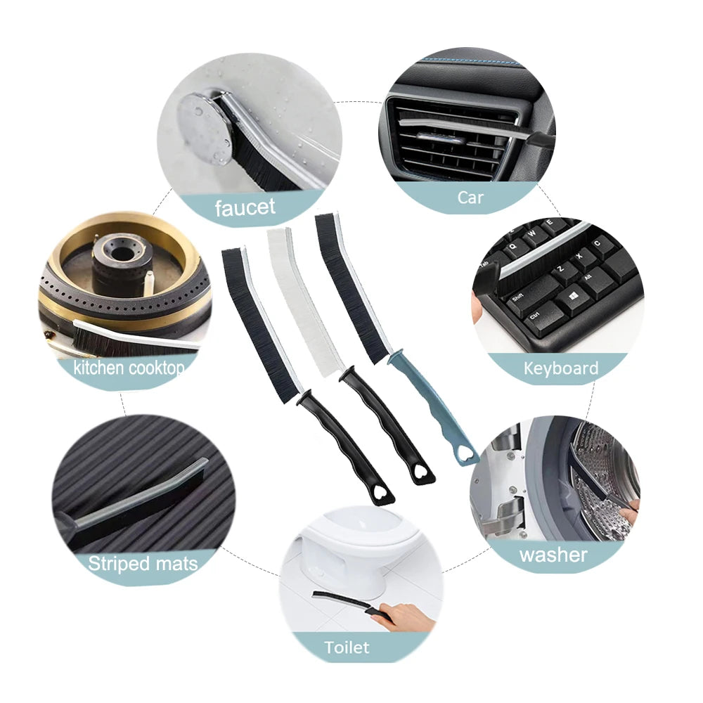 A set of crevice cleaning brushes with hard bristles shown in various contexts including a faucet, car vent, keyboard, stripe