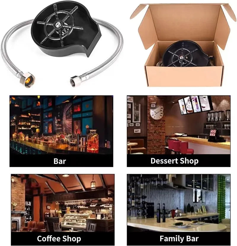 High-pressure faucet glass rinser for bars and kitchens shown in various contexts including a bar, dessert shop, coffee shop,