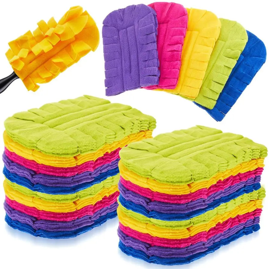A collection of colorful reusable electrostatic duster refills in various shades of yellow, purple, pink, green, and blue.