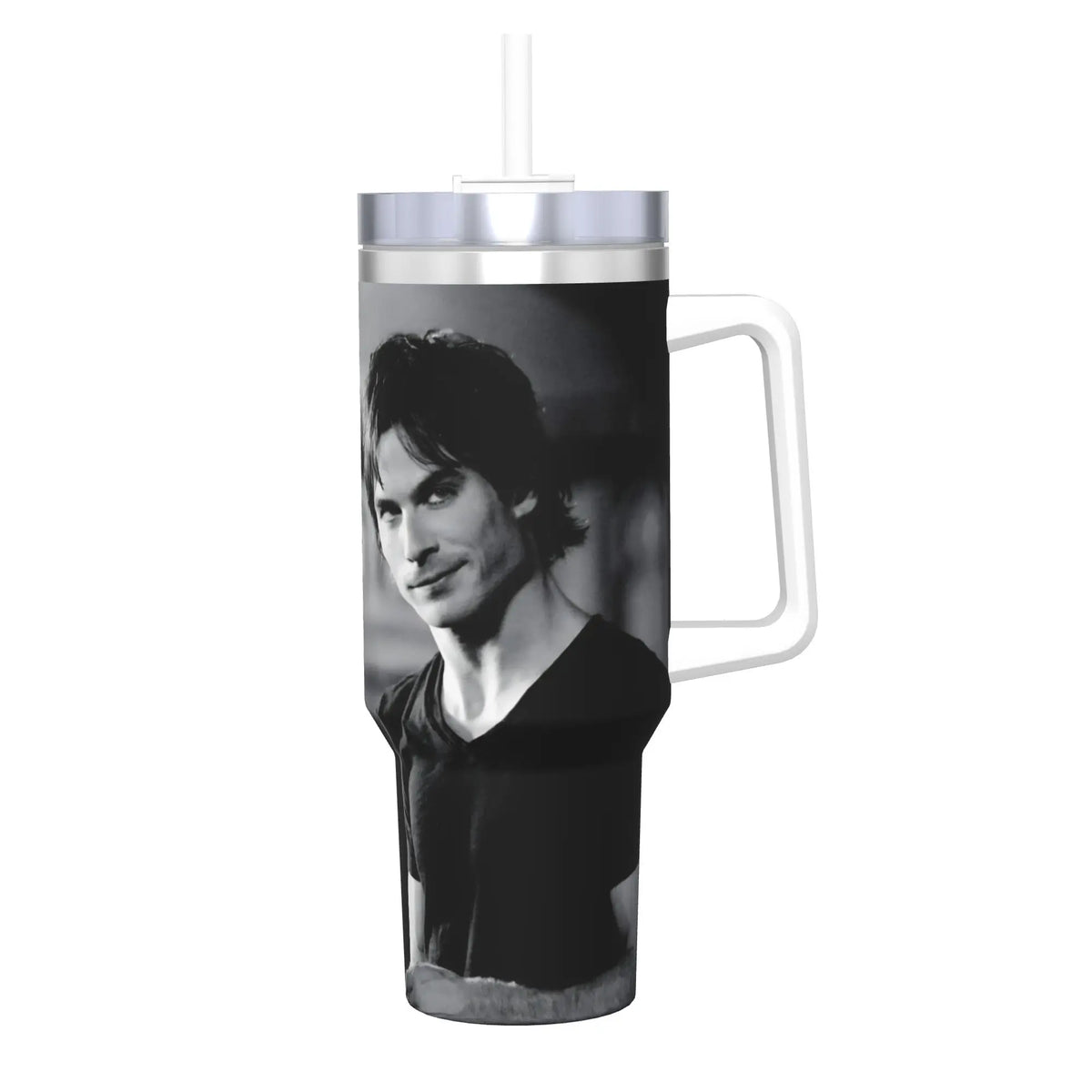 A stainless steel thermal tumbler with a silver straw featuring a portrait of a man.