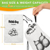 A white reusable drawstring storage bag labeled Potato Bag holding potatoes, next to a larger bag showing onions.
