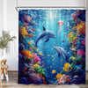 A vibrant tropical sea life shower curtain featuring colorful fish and marine creatures under blue water.