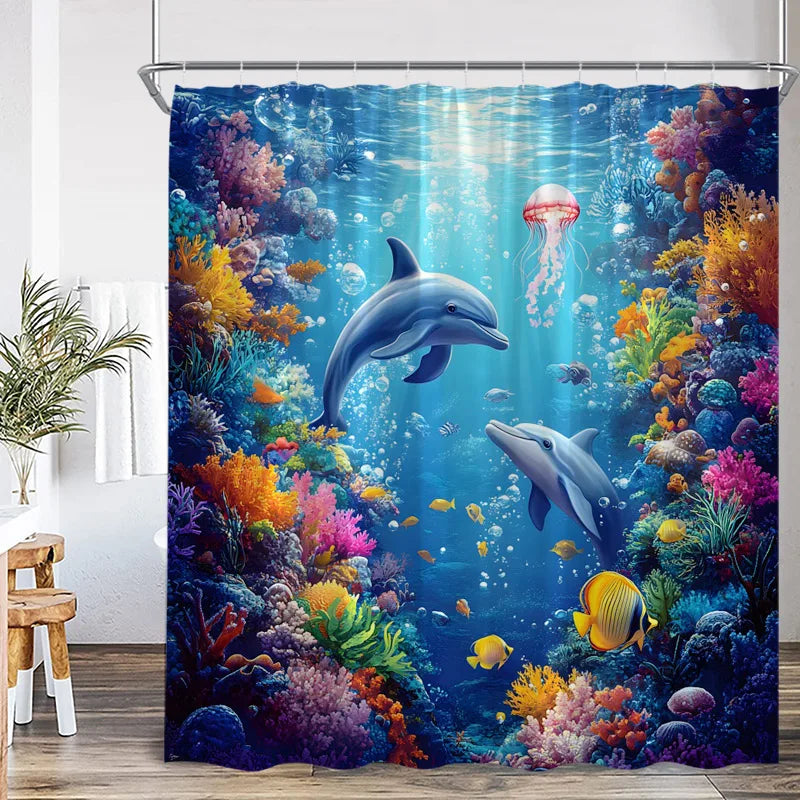 A vibrant tropical sea life shower curtain featuring colorful fish and marine creatures under blue water.