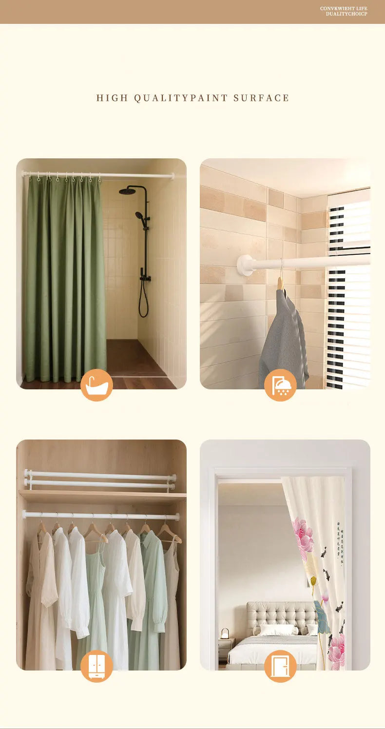 A collection of bathroom and bedroom items featuring a stainless steel shower rod, hangers, and curtains.
