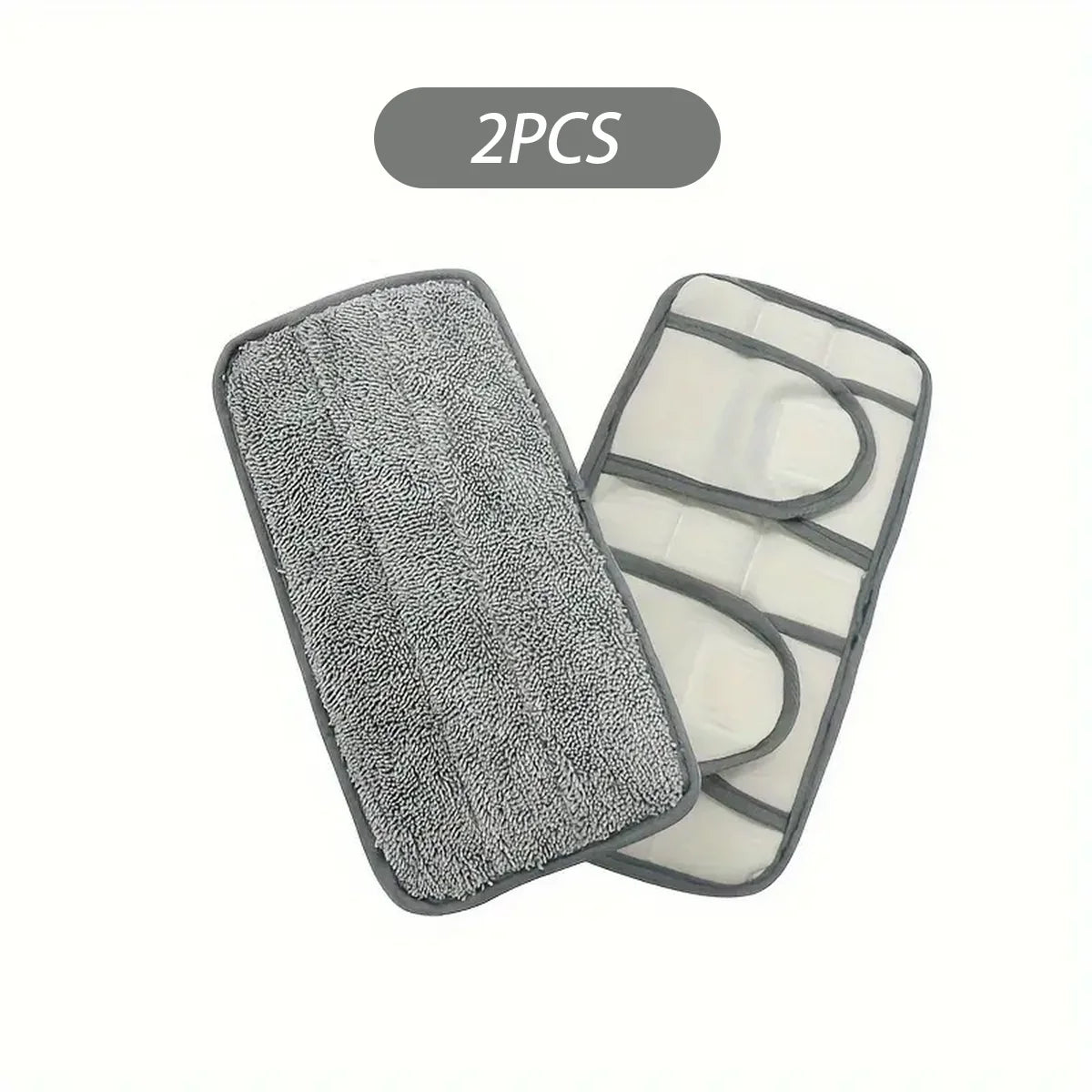 Two reusable microfiber mop pads for hard floors, one gray and one white.