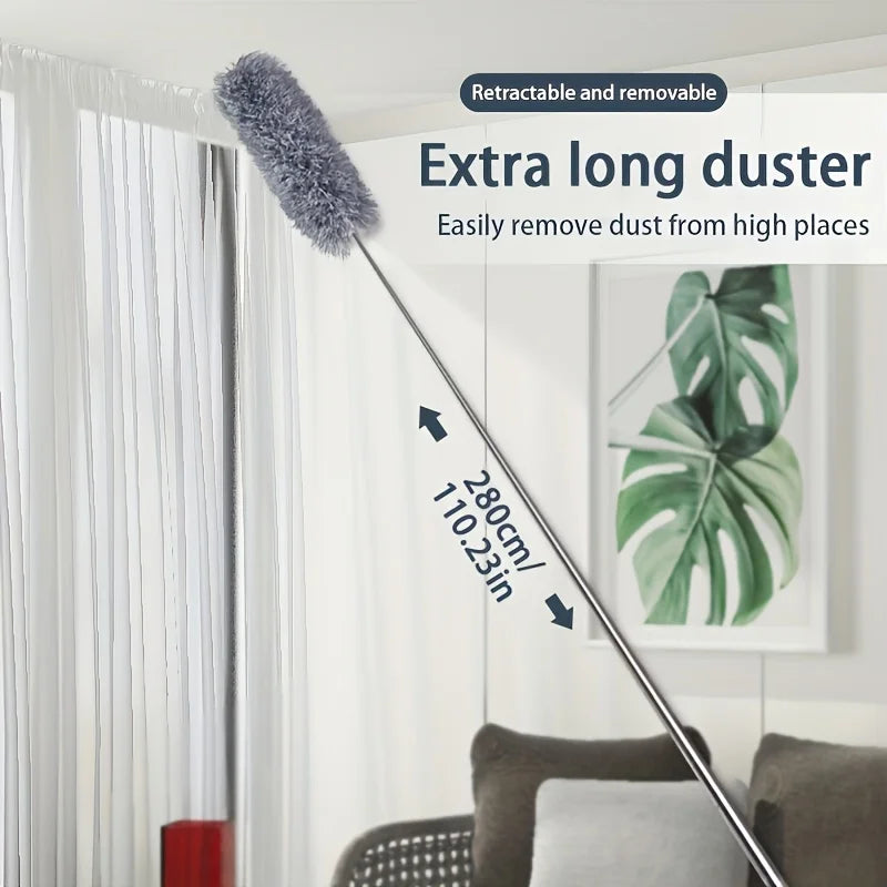 A long, retractable microfiber duster is shown extending to clean high places.