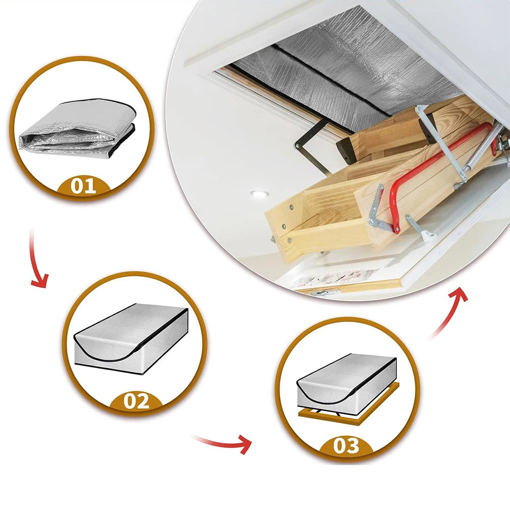 Diagram showing three steps for installing an attic heat and dust barrier, including rolled and folded materials.