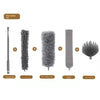 A five-piece set of microfiber dusters including a telescopic pole, chenille head, microfiber tip, crevice brush, and spider 