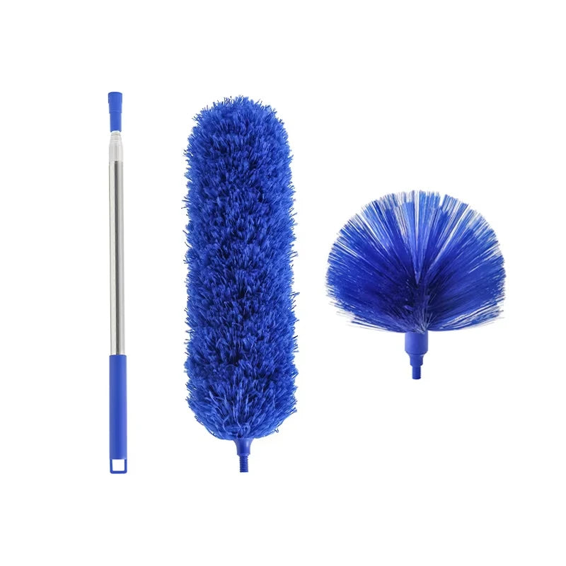 A set of blue extendable cleaning duster tools, including a long rod and a fluffy duster head.