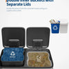 A stainless steel trash can with two inner buckets and separate lids, showing a recycle bin and a trash compartment.