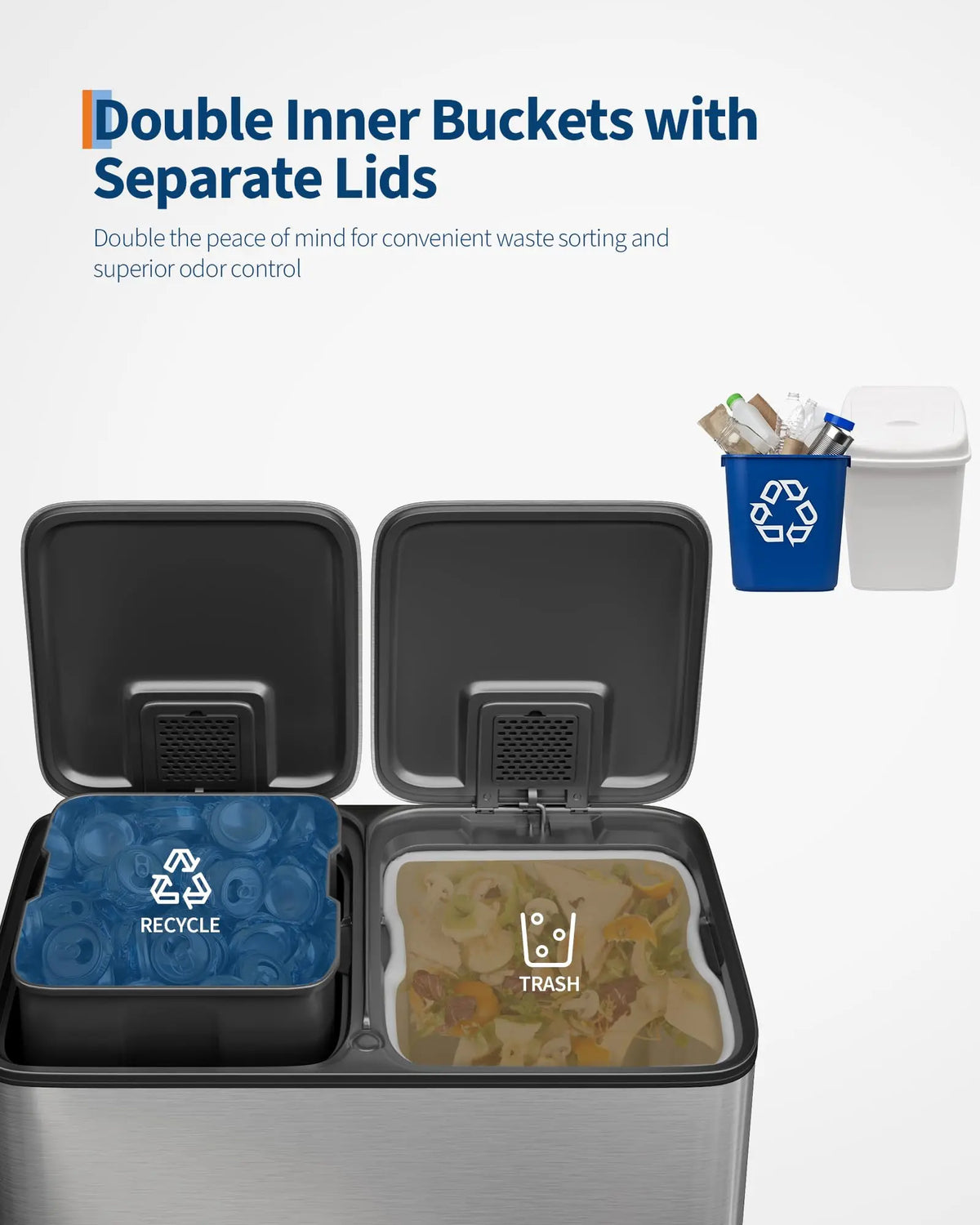 A stainless steel trash can with two inner buckets and separate lids, showing a recycle bin and a trash compartment.