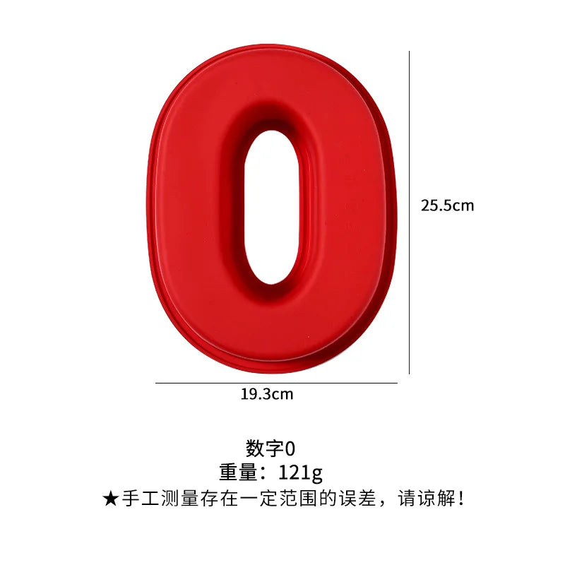 A red silicone number cake mold shaped like the digit zero with dimensions 25.5cm by 19.3cm
