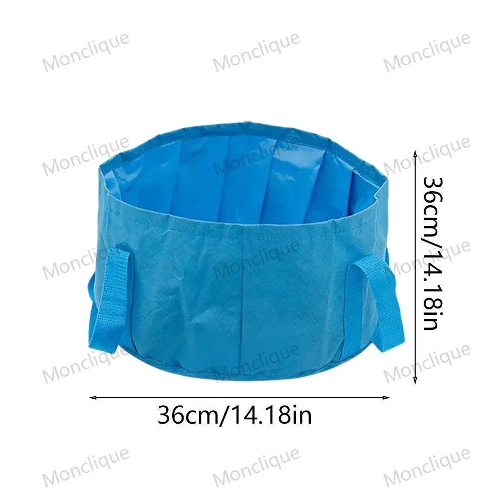 A bright blue portable folding foot bath basin used for pool cleaning.
