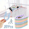 A set of 10 purple and white portable foldable clothes hangers displayed next to a hand and a person icon.