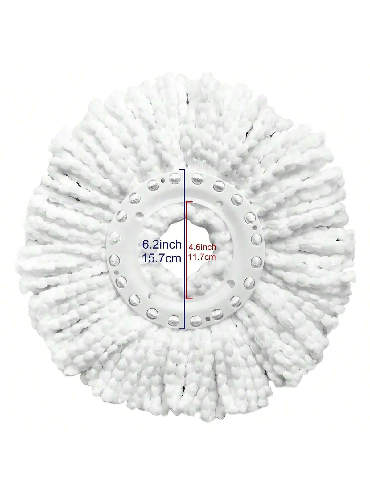 A white microfiber spin mop head with a circular base showing dimensions of 6.2 inch by 4.6 inch.