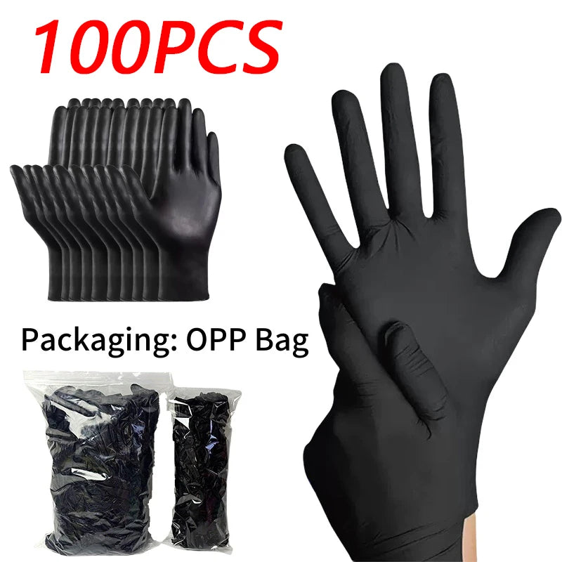 A set of 100 powder-free reusable nitrile cleaning gloves packaged in an OPP bag.