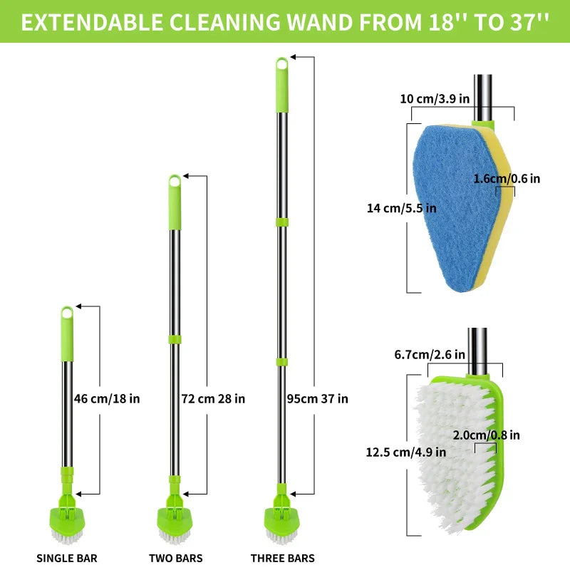 Extendable cleaning wand set featuring single, two, and three bars of green and black telescopic cleaning brushes.