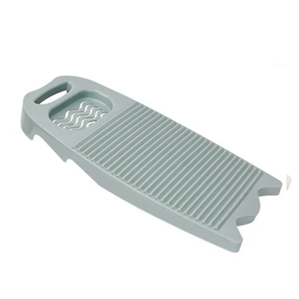 A light gray plastic washing board with textured surfaces and a handle.