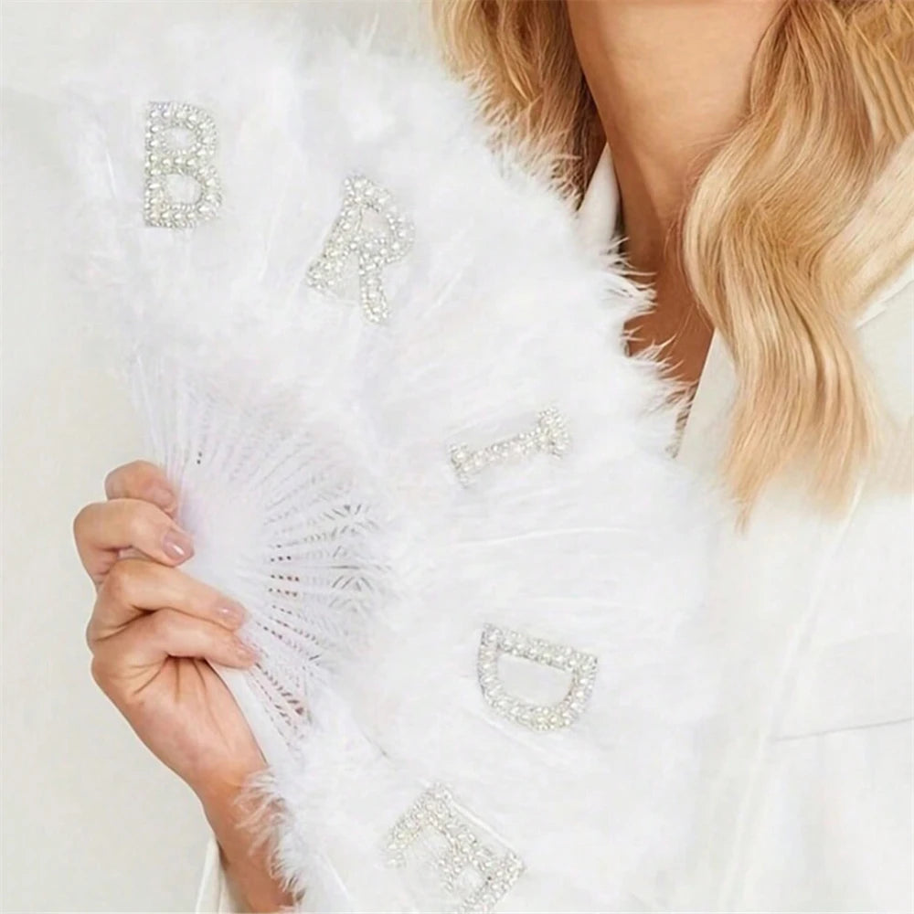 Elegant vintage white feather hand fan with initial letters decorated with small pearls