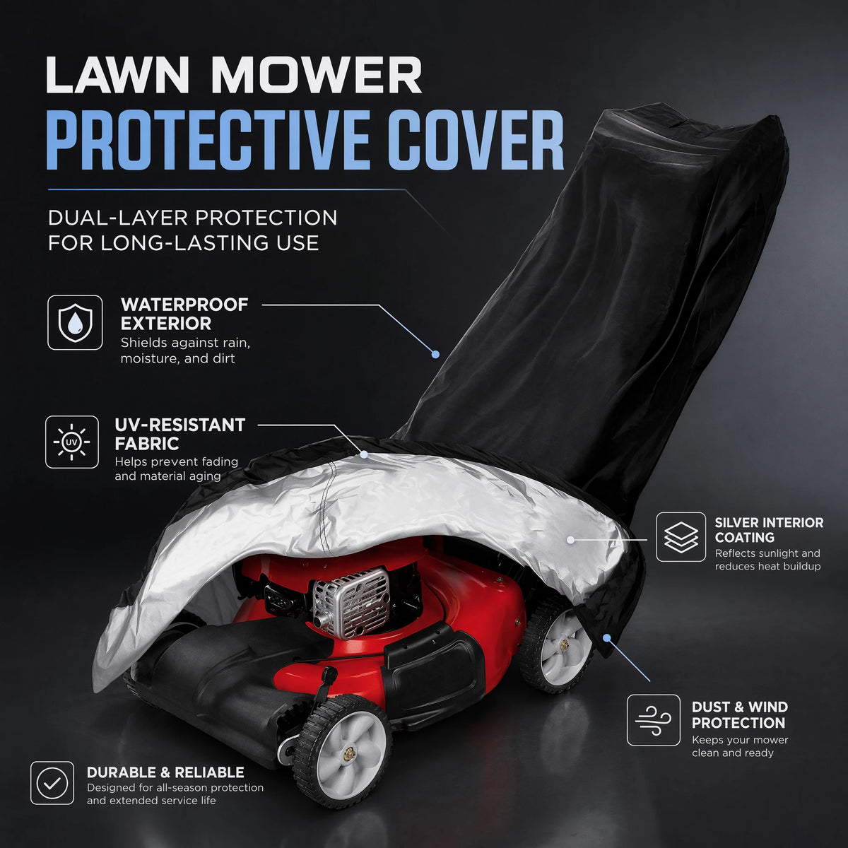 A black protective cover is shown placed over a red lawn mower, demonstrating dual-layer protection for long-lasting use.
