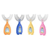 A set of three silicone U-shaped toothbrushes for kids in orange, blue, and pink.