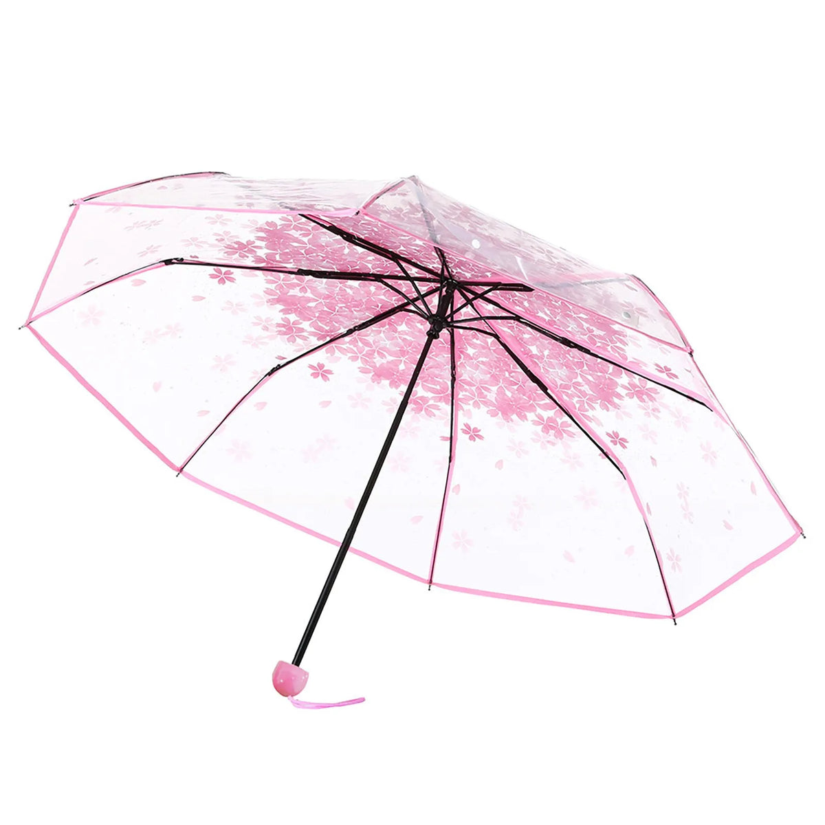 Ein durchsichtiger rosa Regenschirm mit Blumenmuster, geöffnet vor weißem Hintergrund.