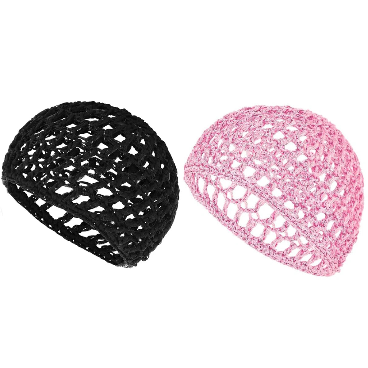 A pair of adjustable mesh wig caps, one black and one pink, for hair and turban wear.