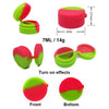A set of pink and lime green portable silicone storage jars shown from various angles including front, bottom, and with effec
