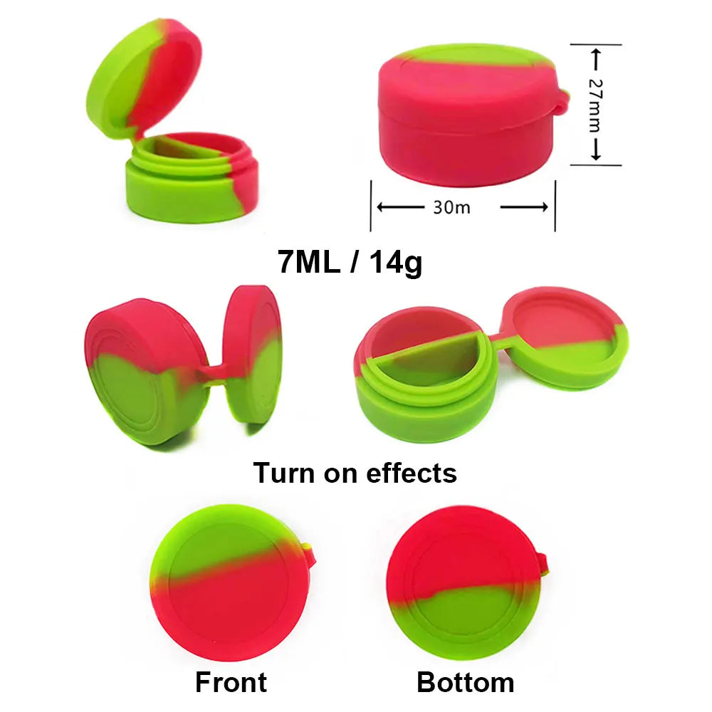 A set of pink and lime green portable silicone storage jars shown from various angles including front, bottom, and with effec