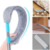 A microfiber duster with a long handle and a looped head is shown alongside its folded form.