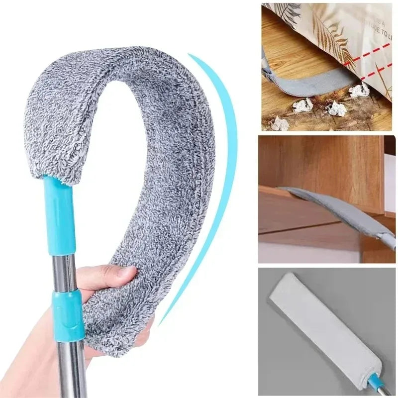 A microfiber duster with a long handle and a looped head is shown alongside its folded form.