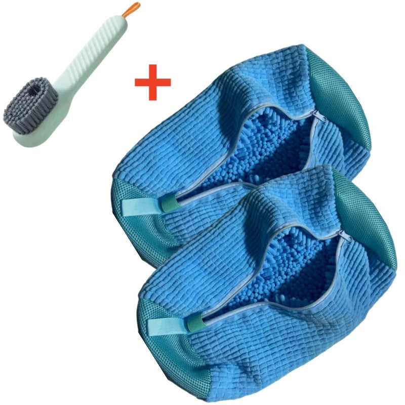 A blue shoe cleaning set includes brushes and a storage bag.